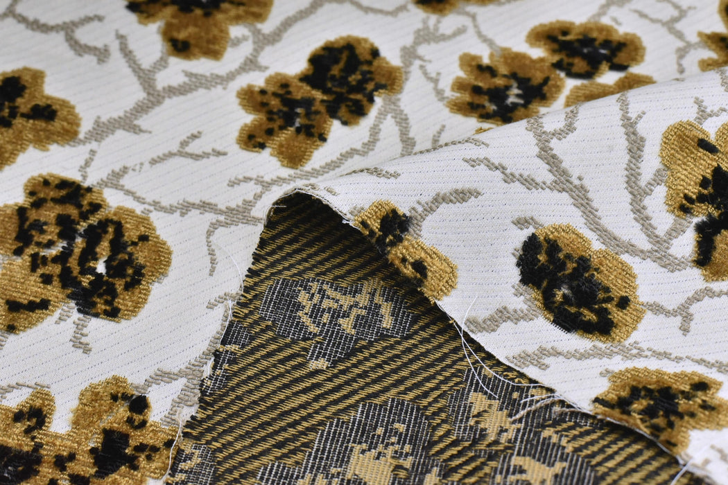 Heavyweight Vintage Gold and Black Floral Cut Velvet Upholstery Fabric For Chair|Luxury Flower Sofa Fabric|French Country Furniture Fabric