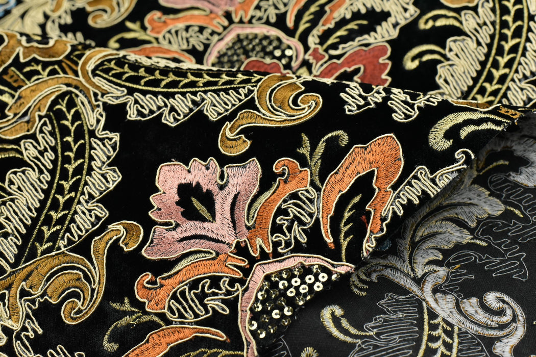 Clearance Sale!Heavy Weight Vintage Gold Rust Blue Damask Floral Embroidered Black Cut Velvet Upholstery Fabric|Luxury Baroque Floral Fabric