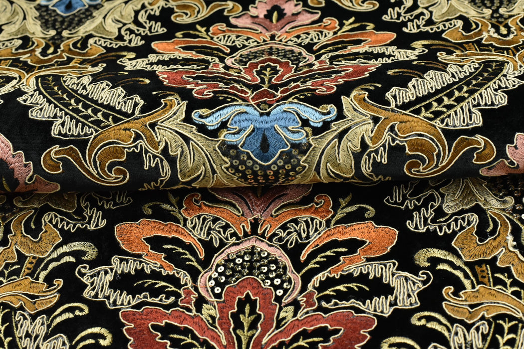 Clearance Sale!Heavy Weight Vintage Gold Rust Blue Damask Floral Embroidered Black Cut Velvet Upholstery Fabric|Luxury Baroque Floral Fabric