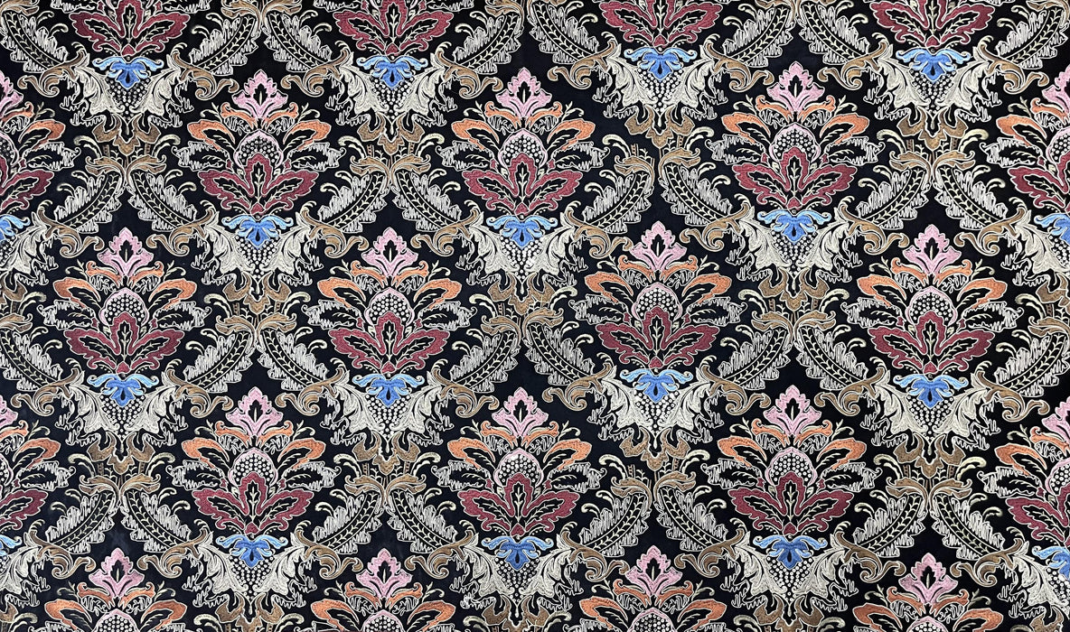 Clearance Sale!Heavy Weight Vintage Gold Rust Blue Damask Floral Embroidered Black Cut Velvet Upholstery Fabric|Luxury Baroque Floral Fabric