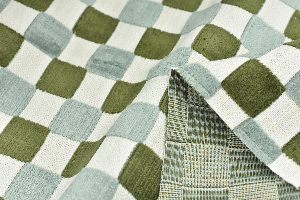 Heavyweight Vintage Blue and Green Checkerboard Cut Velvet Upholstery Fabric|Retro Modern Geometric Chair Fabric|Durable Furniture Fabric
