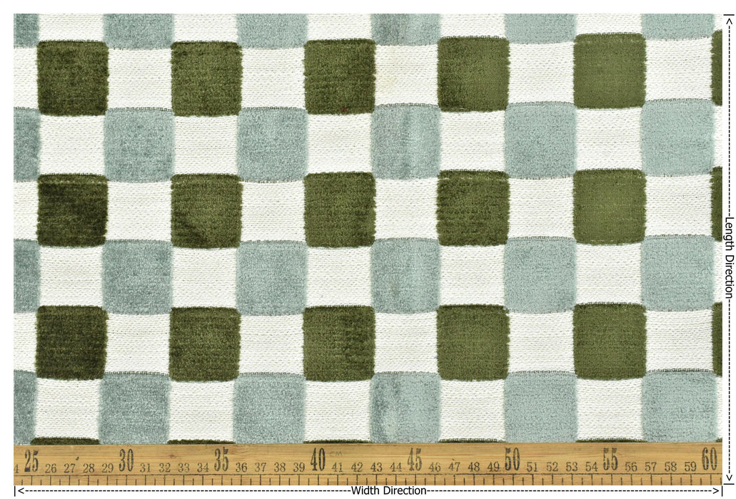 Heavyweight Vintage Blue and Green Checkerboard Cut Velvet Upholstery Fabric|Retro Modern Geometric Chair Fabric|Durable Furniture Fabric