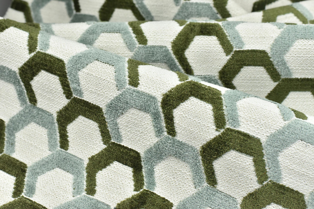 Heavy Weight Green and Blue Cut Velvet Upholstery Fabric|Hexagon Geometric Pattern|Modern Accent Sofa Fabric|Chair Furniture Upholstery