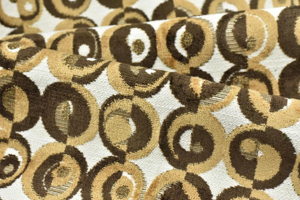 Mid Century Modern Abstract Geometric Circles Cut Velvet Upholstery Fabric For Chair|Golden Brown Beige|Heavy Weight for Sofas