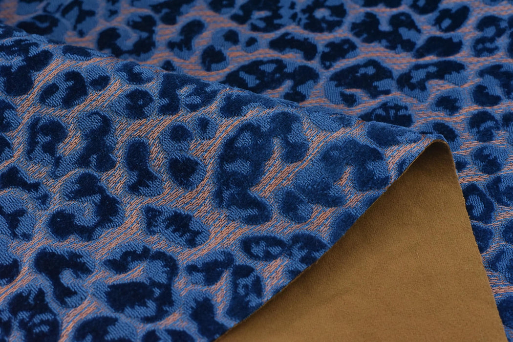 Heavy Weight Blue Raised Leopard Cut Velvet Upholstery Fabric For Chair|Cheetah Abstract Geometric Animal Luxury Furniture Fabric For Couch