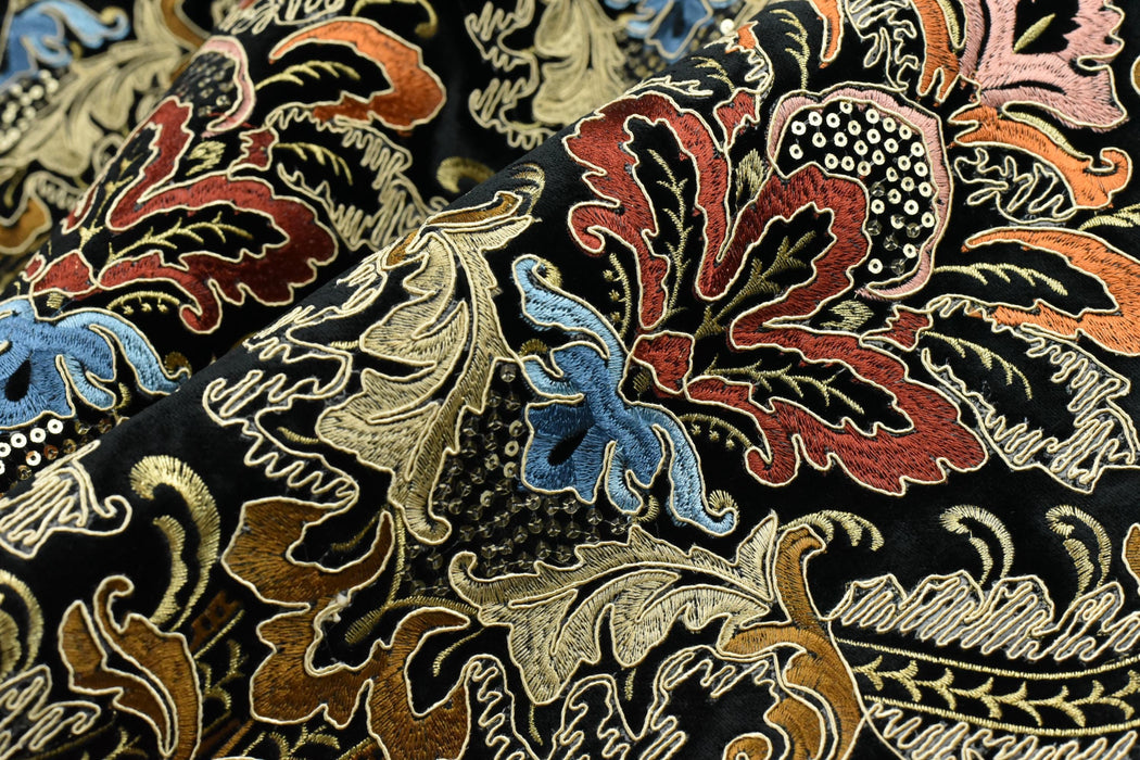 Clearance Sale!Heavy Weight Vintage Gold Rust Blue Damask Floral Embroidered Black Cut Velvet Upholstery Fabric|Luxury Baroque Floral Fabric