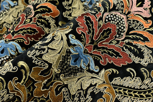 Clearance Sale!Heavy Weight Vintage Gold Rust Blue Damask Floral Embroidered Black Cut Velvet Upholstery Fabric|Luxury Baroque Floral Fabric