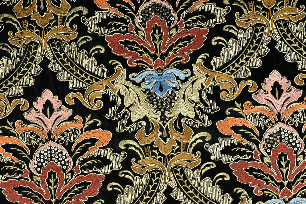Clearance Sale!Heavy Weight Vintage Gold Rust Blue Damask Floral Embroidered Black Cut Velvet Upholstery Fabric|Luxury Baroque Floral Fabric