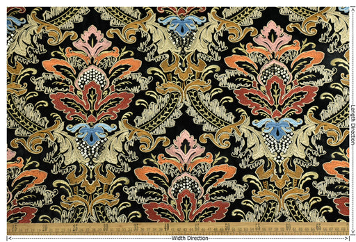 Clearance Sale!Heavy Weight Vintage Gold Rust Blue Damask Floral Embroidered Black Cut Velvet Upholstery Fabric|Luxury Baroque Floral Fabric