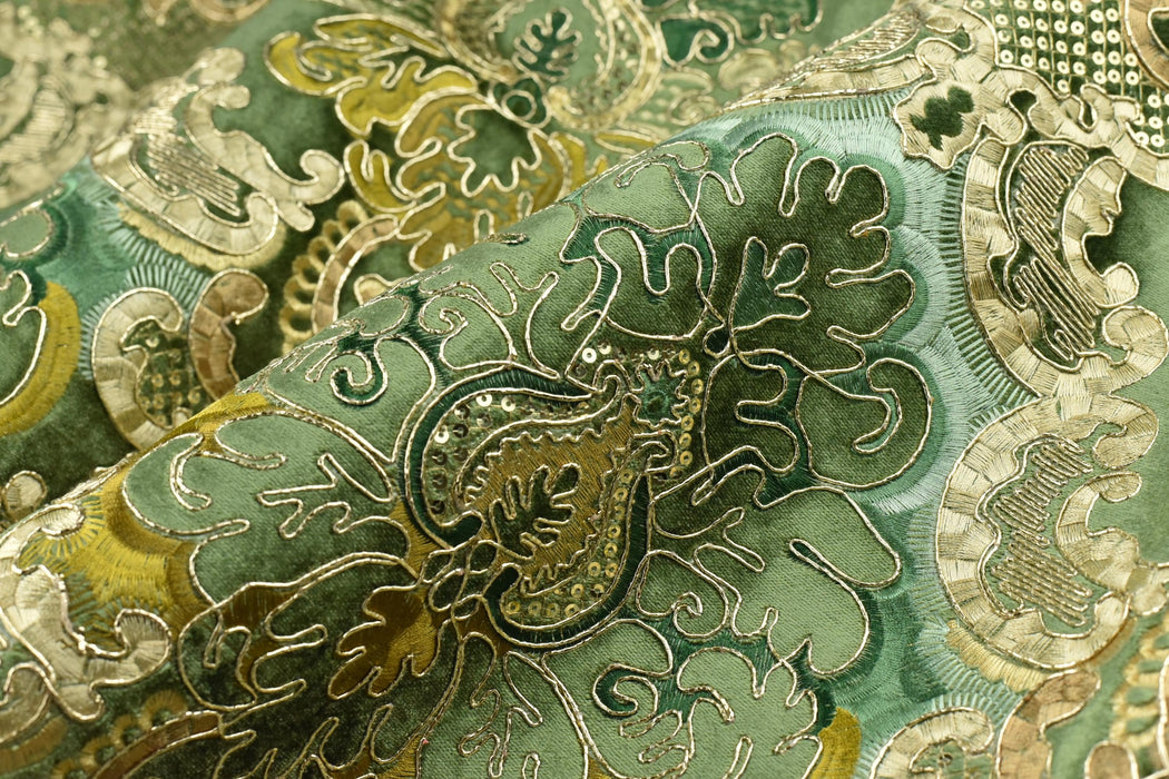 Clearance Sale!Heavy Weight Vintage Green Gold Damask Floral Embroidered Green Cut Velvet Upholstery Fabric|Luxury Baroque Floral Fabric