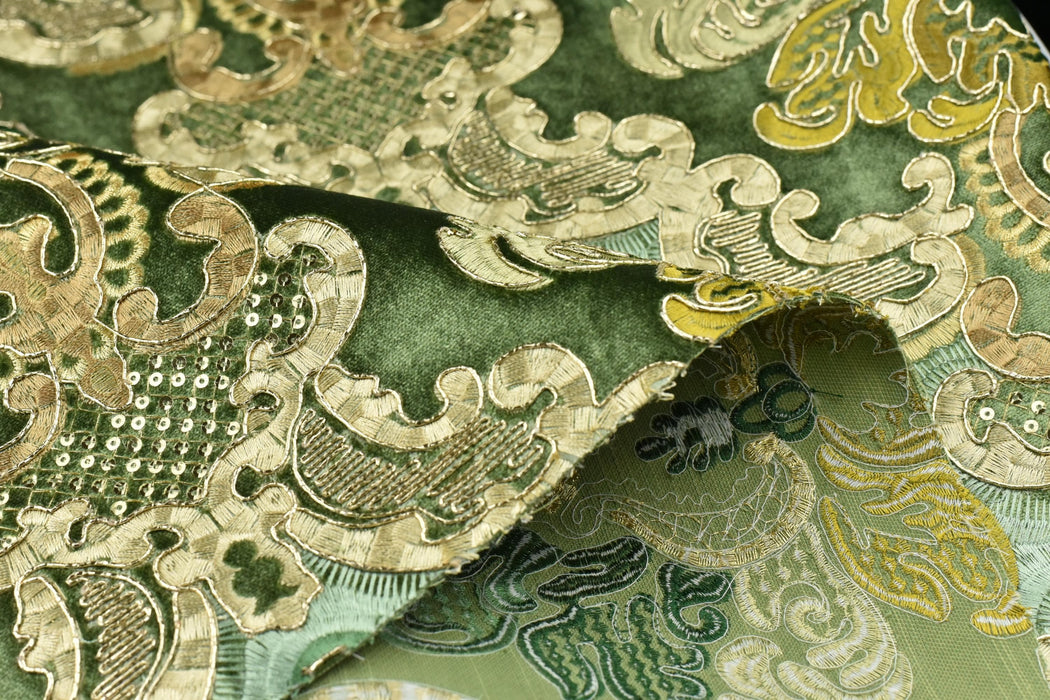 Clearance Sale!Heavy Weight Vintage Green Gold Damask Floral Embroidered Green Cut Velvet Upholstery Fabric|Luxury Baroque Floral Fabric