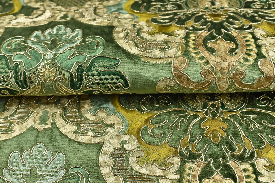 Clearance Sale!Heavy Weight Vintage Green Gold Damask Floral Embroidered Green Cut Velvet Upholstery Fabric|Luxury Baroque Floral Fabric