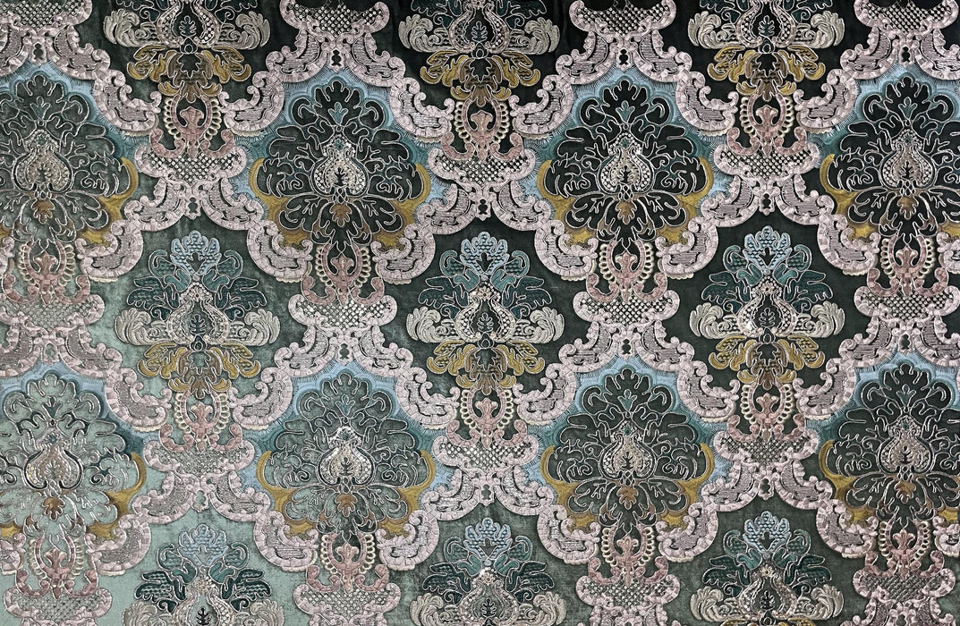 Clearance Sale!Heavy Weight Vintage Green Gold Damask Floral Embroidered Green Cut Velvet Upholstery Fabric|Luxury Baroque Floral Fabric