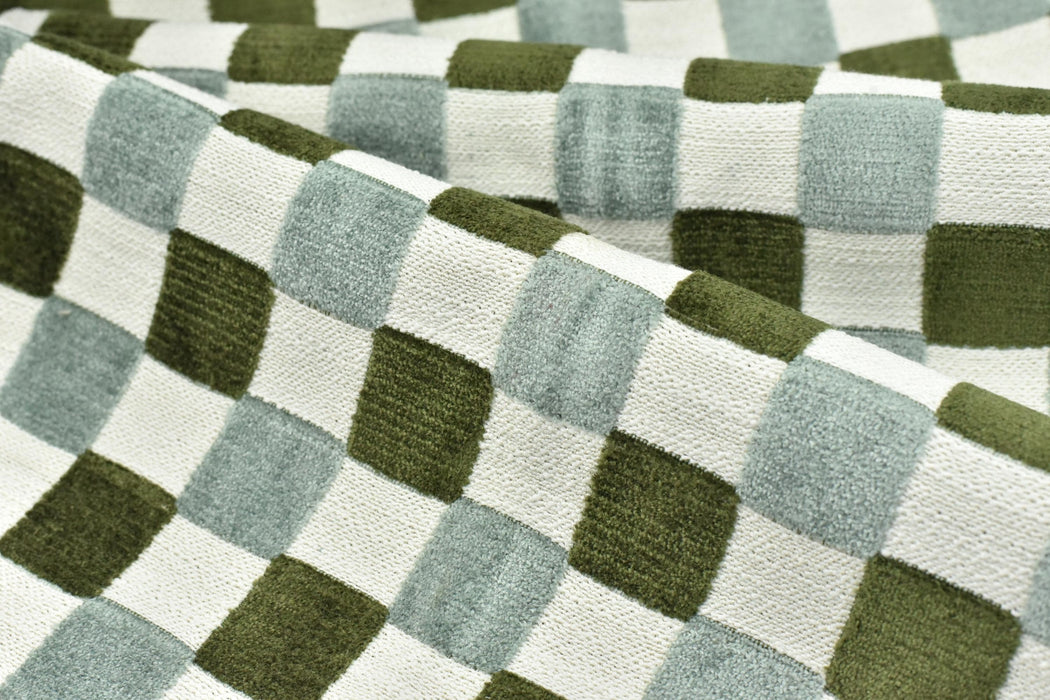 Heavyweight Vintage Blue and Green Checkerboard Cut Velvet Upholstery Fabric|Retro Modern Geometric Chair Fabric|Durable Furniture Fabric