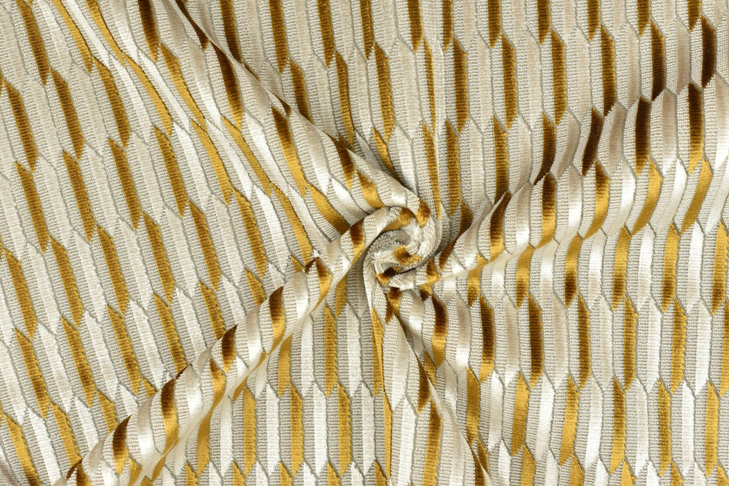 Heavy Weight Gold Cream Mid-Century Modern Striped Geometric Cut Velvet Upholstery Fabric For Chair|Durable Sofa Armchair Reupholsetry