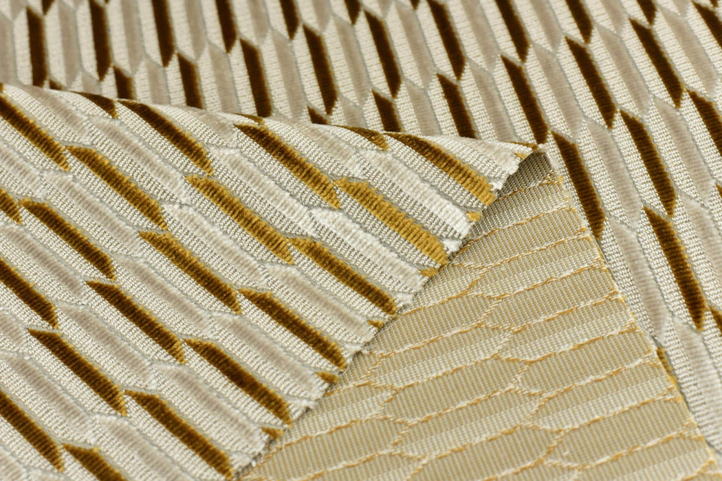 Heavy Weight Gold Cream Mid-Century Modern Striped Geometric Cut Velvet Upholstery Fabric For Chair|Durable Sofa Armchair Reupholsetry