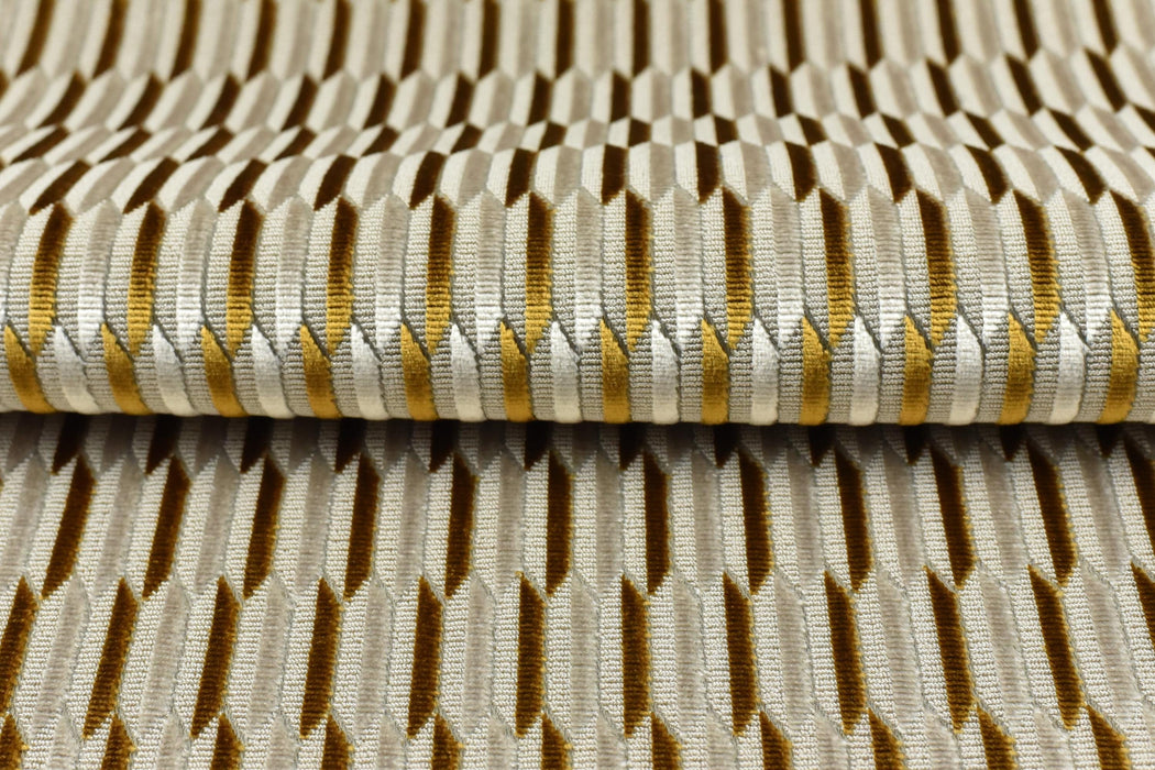 Heavy Weight Gold Cream Mid-Century Modern Striped Geometric Cut Velvet Upholstery Fabric For Chair|Durable Sofa Armchair Reupholsetry