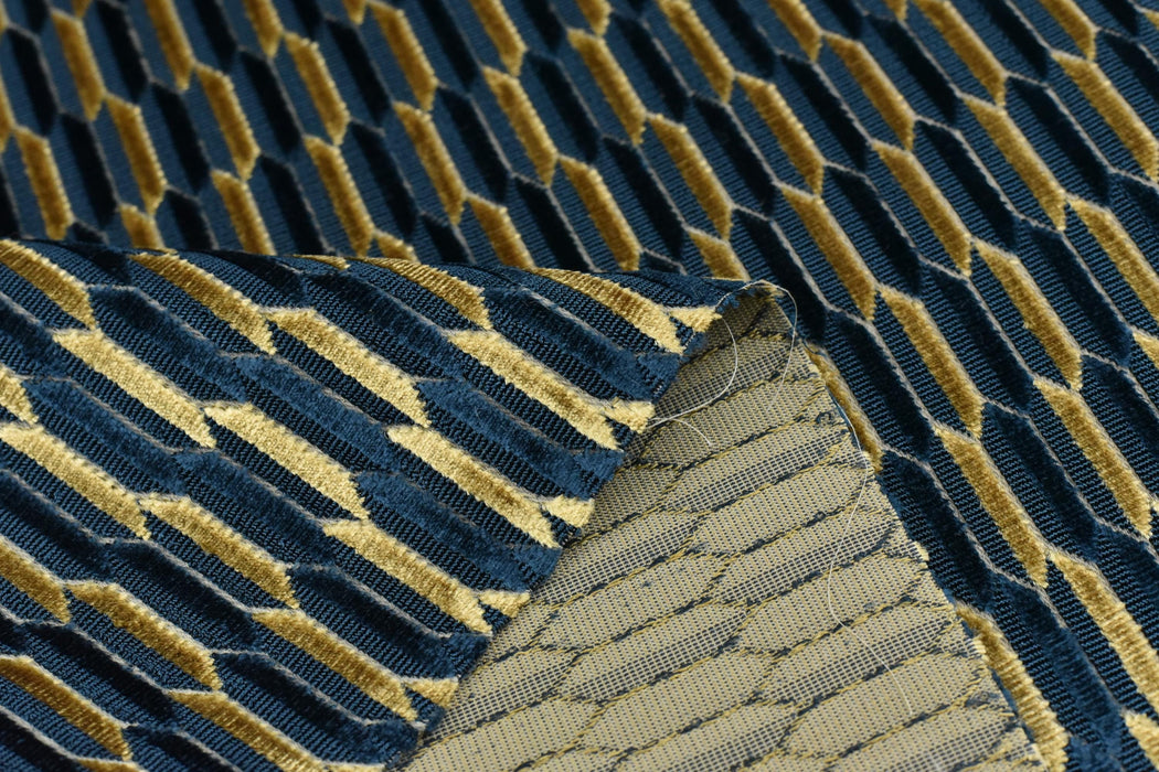 Heavy Weight Navy Blue Gold Mid-Century Modern Striped Geometric Cut Velvet Upholstery Fabric For Chair|Durable Sofa Armchair Reupholsetry