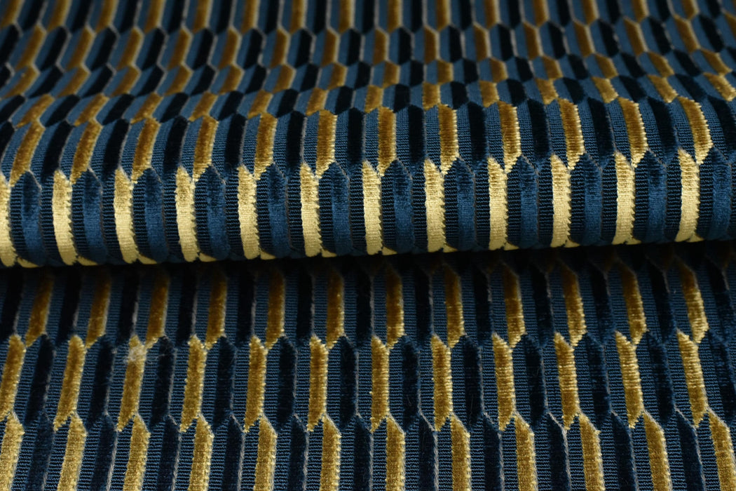 Heavy Weight Navy Blue Gold Mid-Century Modern Striped Geometric Cut Velvet Upholstery Fabric For Chair|Durable Sofa Armchair Reupholsetry