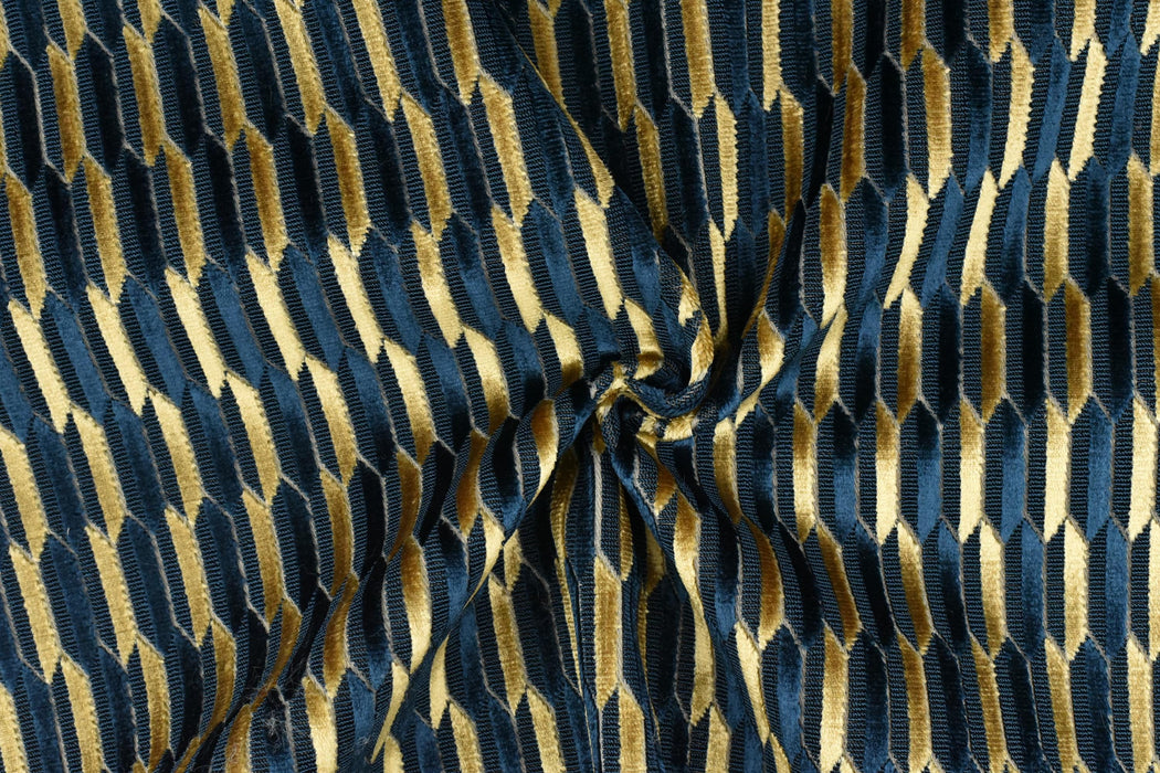 Heavy Weight Navy Blue Gold Mid-Century Modern Striped Geometric Cut Velvet Upholstery Fabric For Chair|Durable Sofa Armchair Reupholsetry