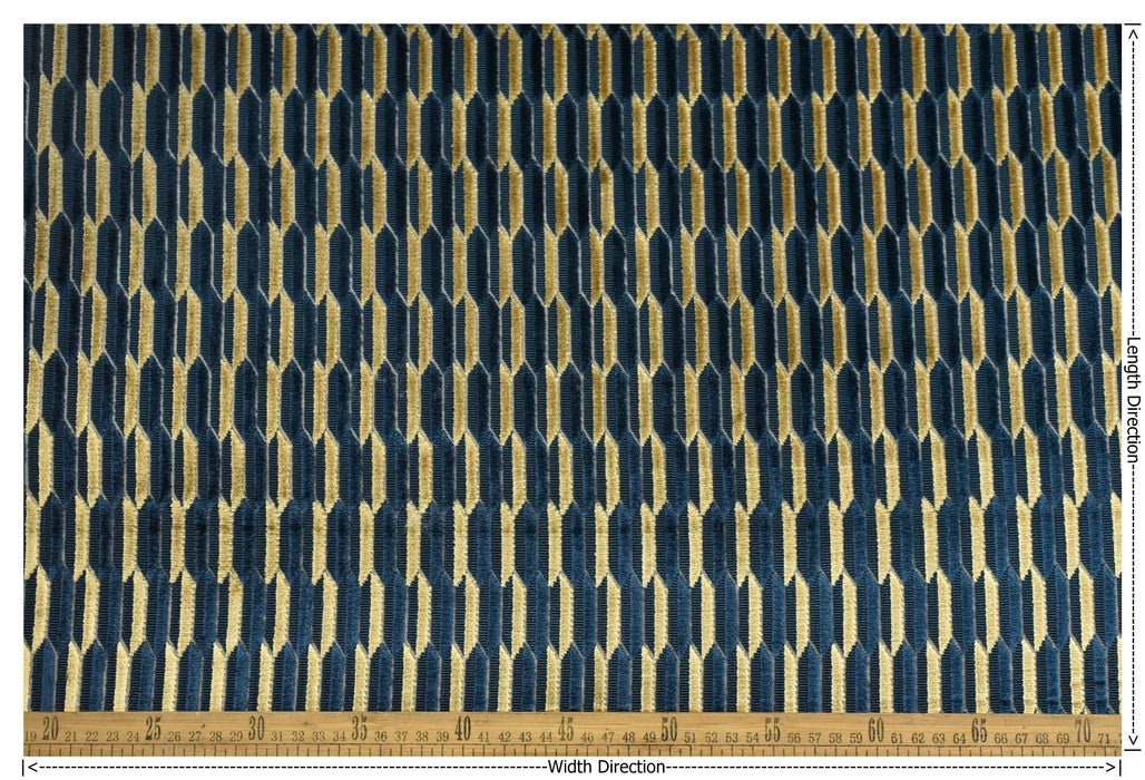 Heavy Weight Navy Blue Gold Mid-Century Modern Striped Geometric Cut Velvet Upholstery Fabric For Chair|Durable Sofa Armchair Reupholsetry