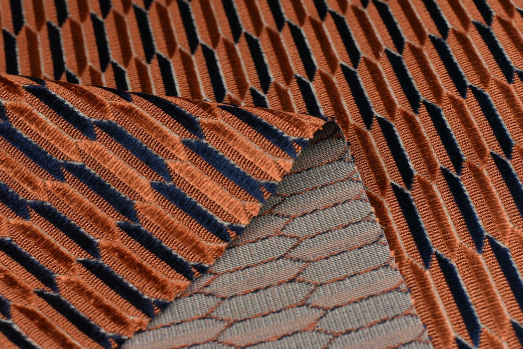 Heavy Weight Burnt Orange Blue Mid-Century Modern Striped Geometric Cut Velvet Upholstery Fabric For Chair|Durable Furniture Fabric For Sofa