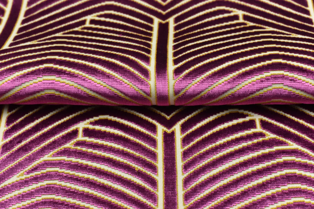 Heavy Weight Purple Magenta and Gold Geometric Cut Velvet Upholstery Fabric For Chair Pillow|High End Sofa Furniture Reupholstery Fabric