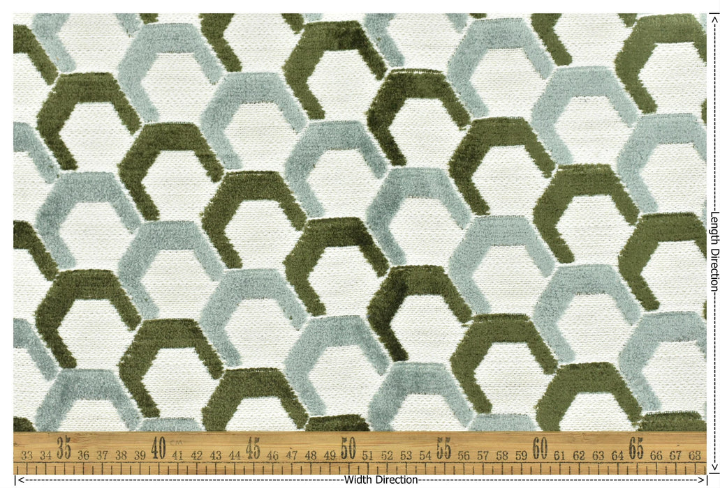 Heavy Weight Green and Blue Cut Velvet Upholstery Fabric|Hexagon Geometric Pattern|Modern Accent Sofa Fabric|Chair Furniture Upholstery