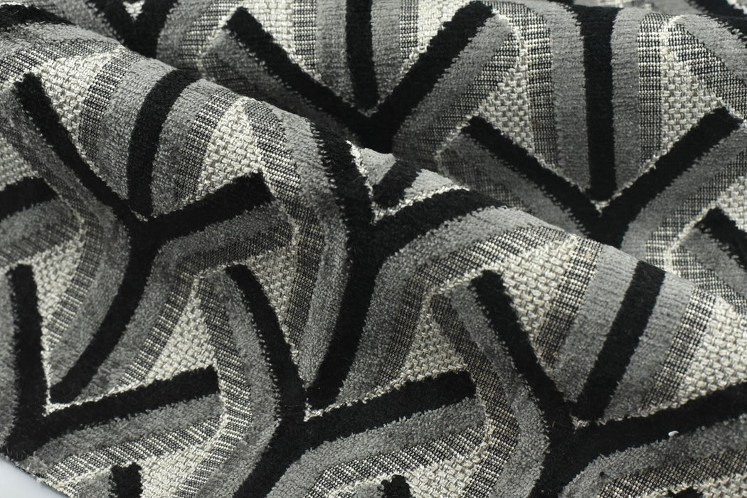 Heavy Weight Black Grey Chevron Raised Cut Velvet Upholstery Fabric|Vintage Geometric Sofa Fabric|Modern Art Deco Furniture Upholstery