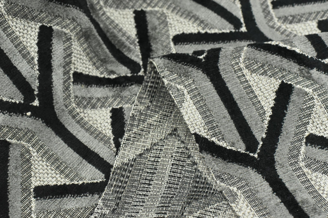 Heavy Weight Black Grey Chevron Raised Cut Velvet Upholstery Fabric|Vintage Geometric Sofa Fabric|Modern Art Deco Furniture Upholstery