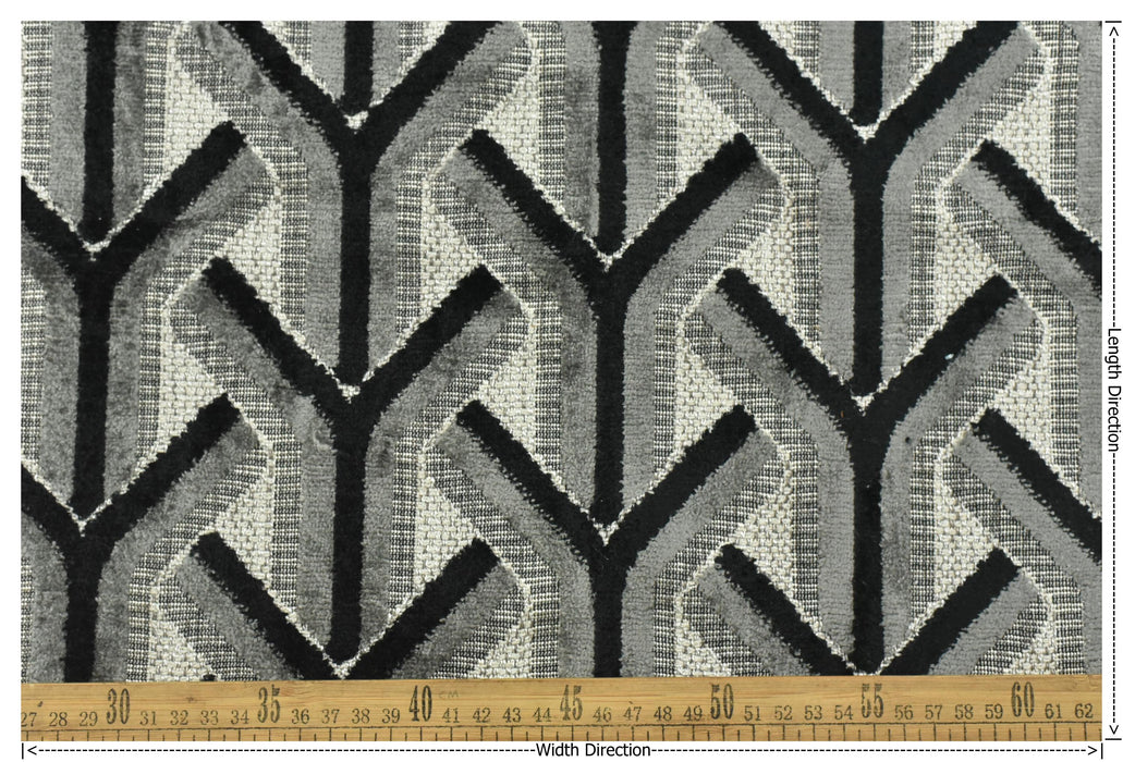Heavy Weight Black Grey Chevron Raised Cut Velvet Upholstery Fabric|Vintage Geometric Sofa Fabric|Modern Art Deco Furniture Upholstery