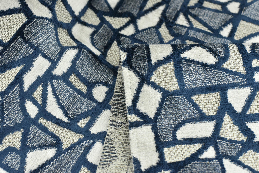 Heavy Weight Navy Blue Modern Abstract Geometric Cut Velvet Fabric For Chair|Durable Textured Coastal Home Decor Furniture Reupholstery