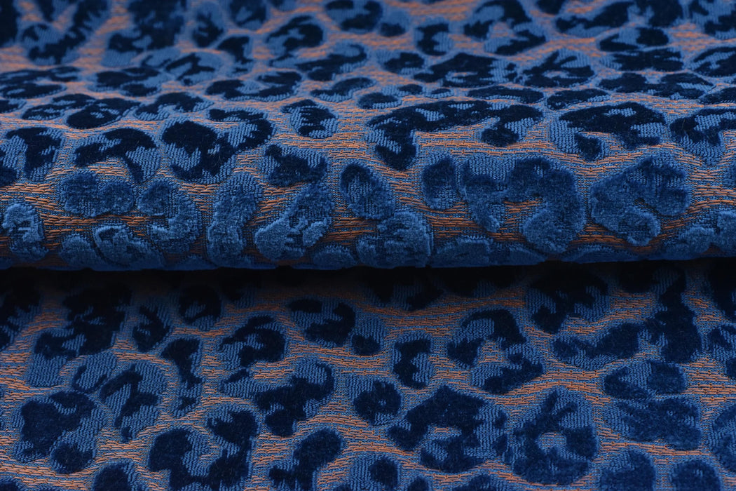 Heavy Weight Blue Raised Leopard Cut Velvet Upholstery Fabric For Chair|Cheetah Abstract Geometric Animal Luxury Furniture Fabric For Couch