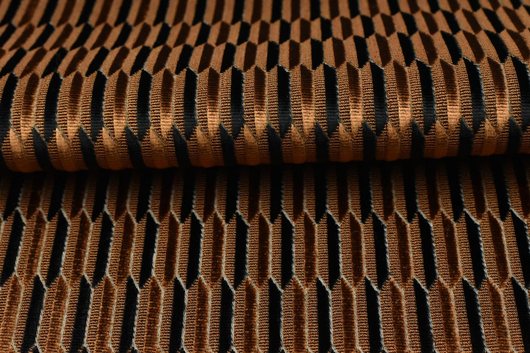 Heavy Weight Mid-Century Modern Striped Geometric Cut Velvet Upholstery Fabric For Chair|Earth Tone Sofa Armchair Reupholsetry