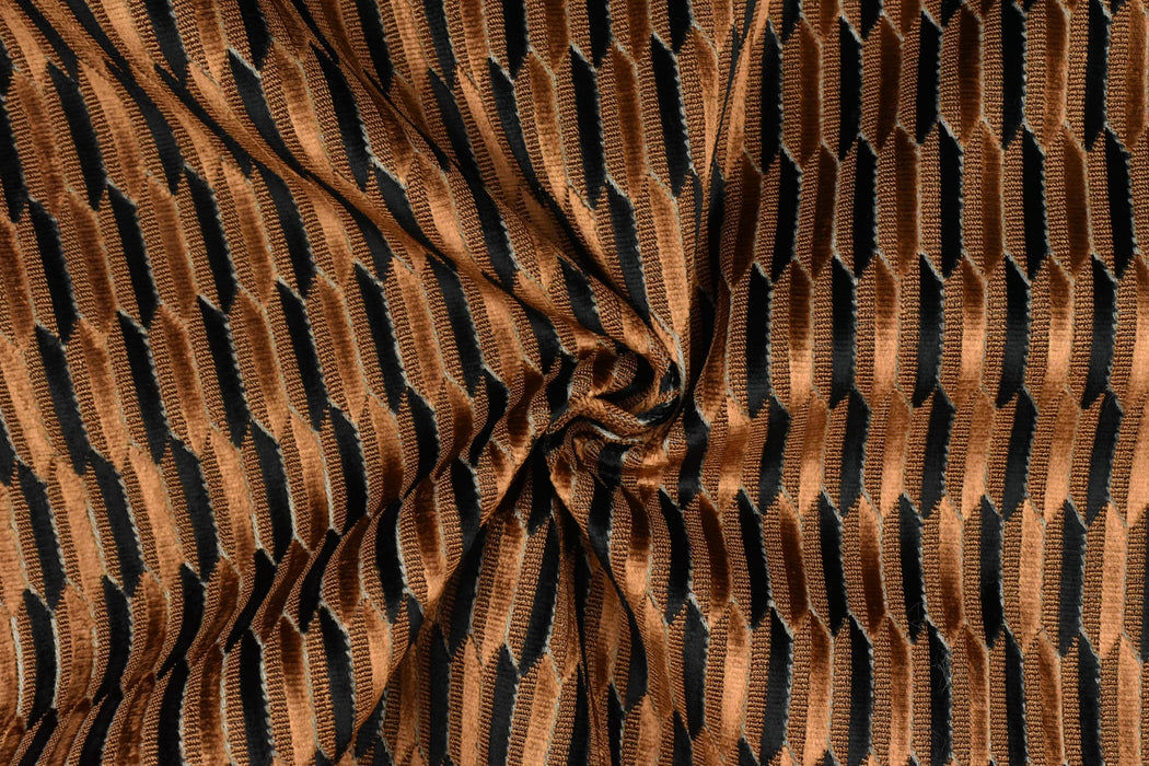 Heavy Weight Mid-Century Modern Striped Geometric Cut Velvet Upholstery Fabric For Chair|Earth Tone Sofa Armchair Reupholsetry