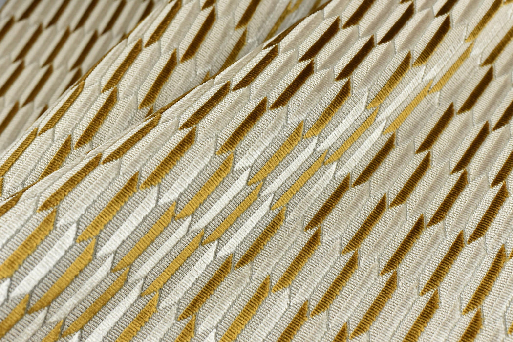 Heavy Weight Gold Cream Mid-Century Modern Striped Geometric Cut Velvet Upholstery Fabric For Chair|Durable Sofa Armchair Reupholsetry