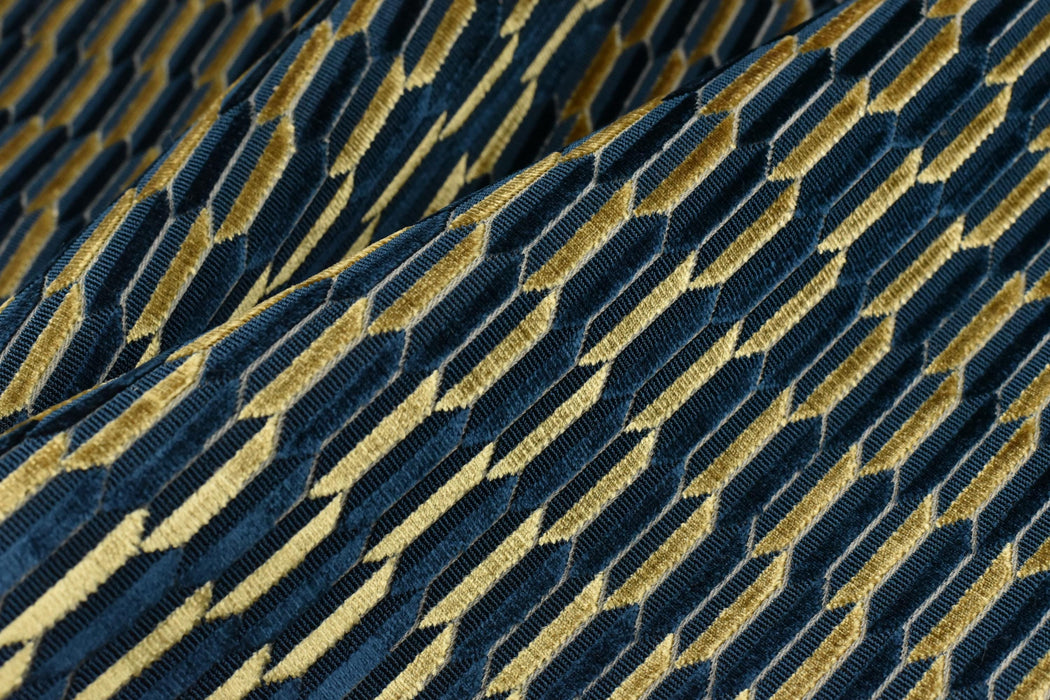 Heavy Weight Navy Blue Gold Mid-Century Modern Striped Geometric Cut Velvet Upholstery Fabric For Chair|Durable Sofa Armchair Reupholsetry