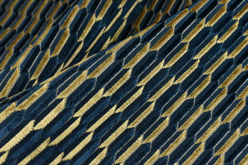 Heavy Weight Navy Blue Gold Mid-Century Modern Striped Geometric Cut Velvet Upholstery Fabric For Chair|Durable Sofa Armchair Reupholsetry