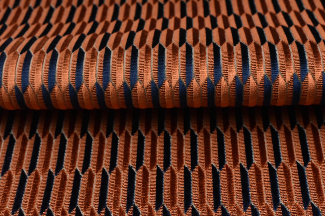 Heavy Weight Burnt Orange Blue Mid-Century Modern Striped Geometric Cut Velvet Upholstery Fabric For Chair|Durable Furniture Fabric For Sofa
