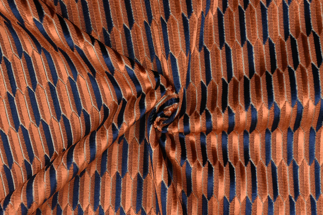Heavy Weight Burnt Orange Blue Mid-Century Modern Striped Geometric Cut Velvet Upholstery Fabric For Chair|Durable Furniture Fabric For Sofa