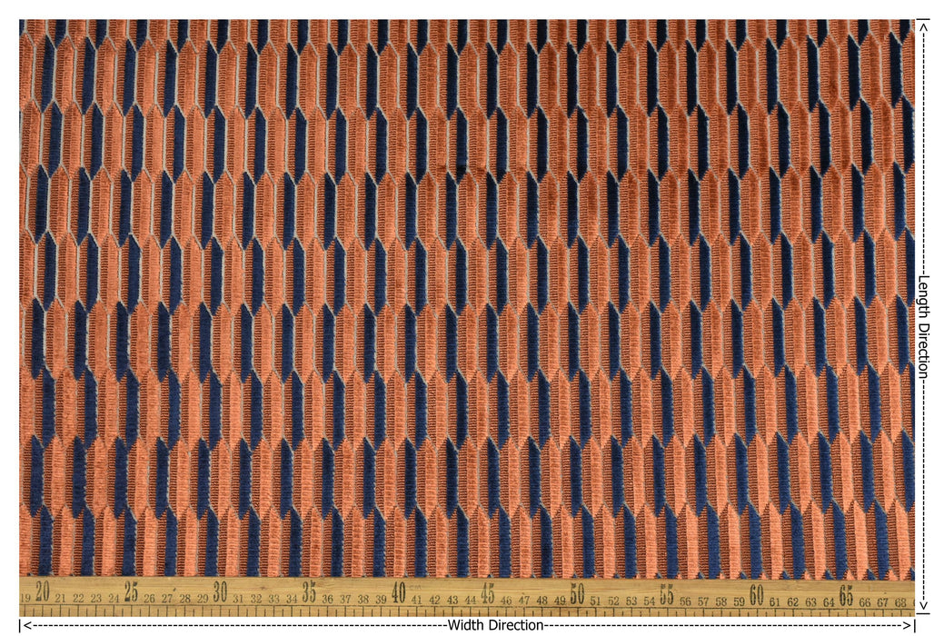 Heavy Weight Burnt Orange Blue Mid-Century Modern Striped Geometric Cut Velvet Upholstery Fabric For Chair|Durable Furniture Fabric For Sofa