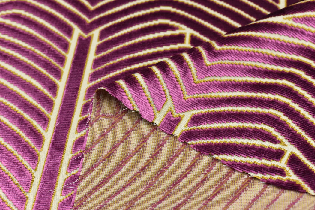 Heavy Weight Purple Magenta and Gold Geometric Cut Velvet Upholstery Fabric For Chair Pillow|High End Sofa Furniture Reupholstery Fabric