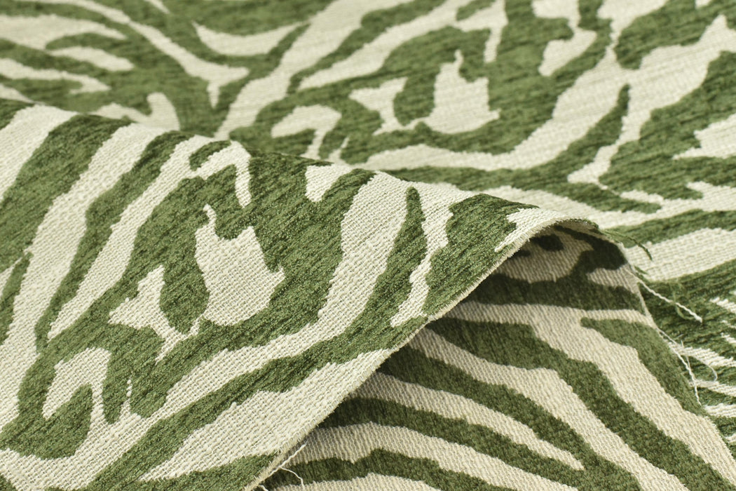 Designer Heavy Weight Green Cream Chenille Zebra Jacquard Textured Upholstery Fabric|Abstract Animal Skin Print Geometric Woven Decor Fabric