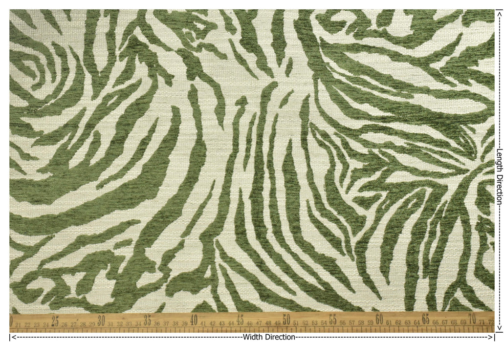Designer Heavy Weight Green Cream Chenille Zebra Jacquard Textured Upholstery Fabric|Abstract Animal Skin Print Geometric Woven Decor Fabric