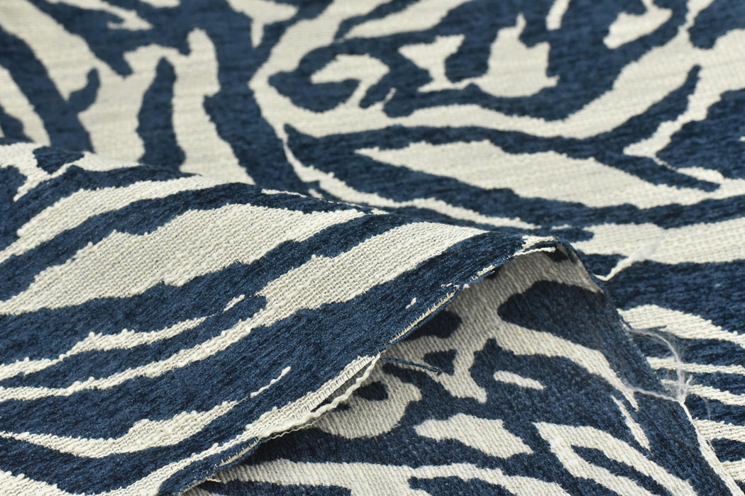 Designer Heavy Weight Navy Blue Chenille Zebra Jacquard Textured Upholstery Fabric|Abstract Animal Skin Print Geometric Woven Decor Fabric