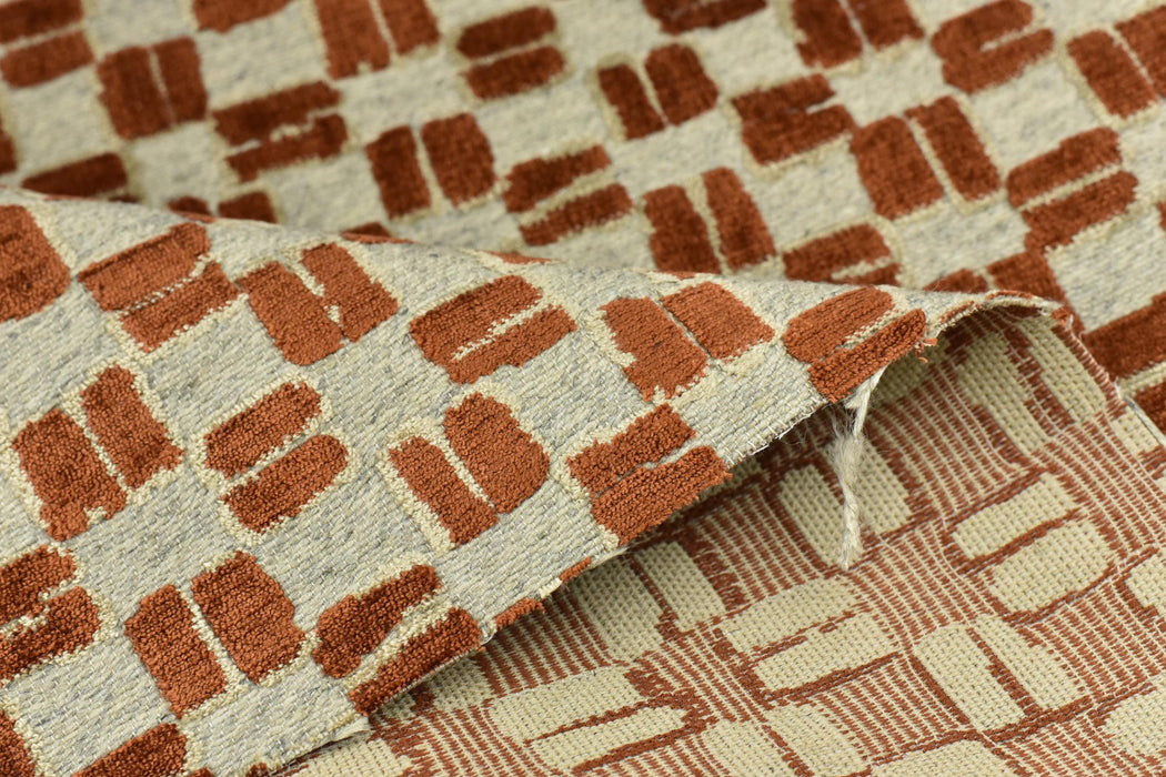 Heavy Weight Wool Blend Geometric Block Pattern Cut Velvet Upholstery Fabric|Rust Brown Beige Grey Fabric|Textured Modern Sofa Chair Fabric