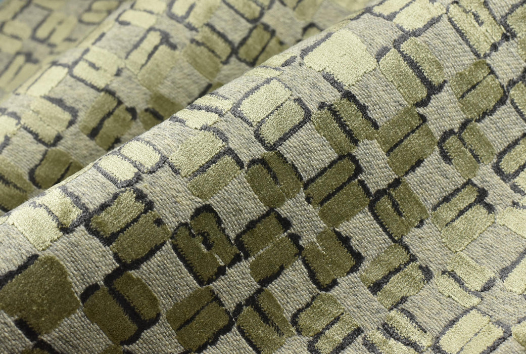 Heavy Weight Wool Blend Geometric Block Pattern Cut Velvet Upholstery Fabric|Light Green Beige Grey Fabric|Textured Modern Sofa Chair Fabric