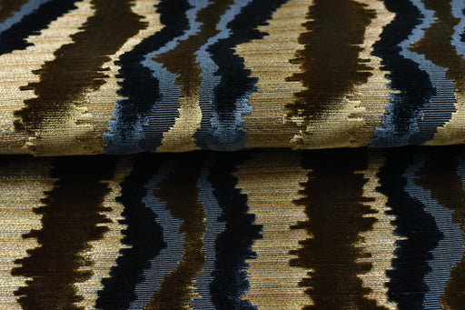 Heavy Weight Blue Gold Cut Velvet Uphosletry Fabric|Abstract Wavy Stripe Upholstery|Luxury Interior Design Fabric For Chair Sofa Pillow