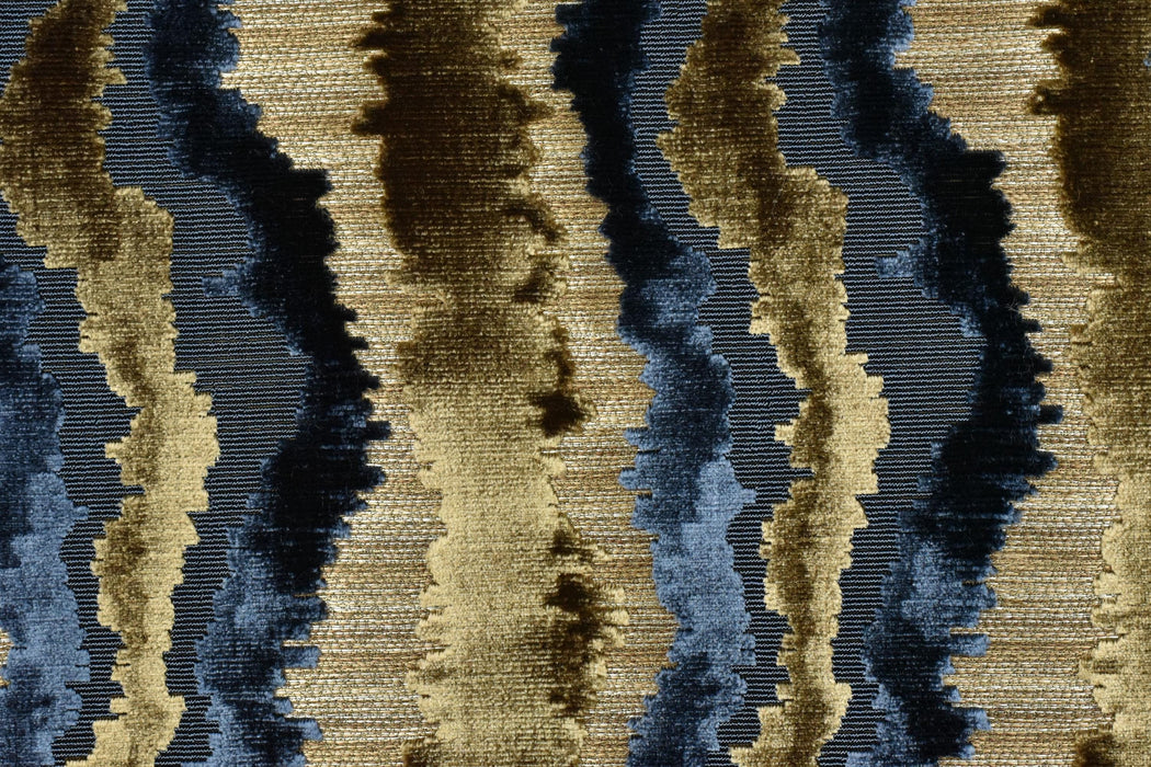 Heavy Weight Blue Gold Cut Velvet Uphosletry Fabric|Abstract Wavy Stripe Upholstery|Luxury Interior Design Fabric For Chair Sofa Pillow