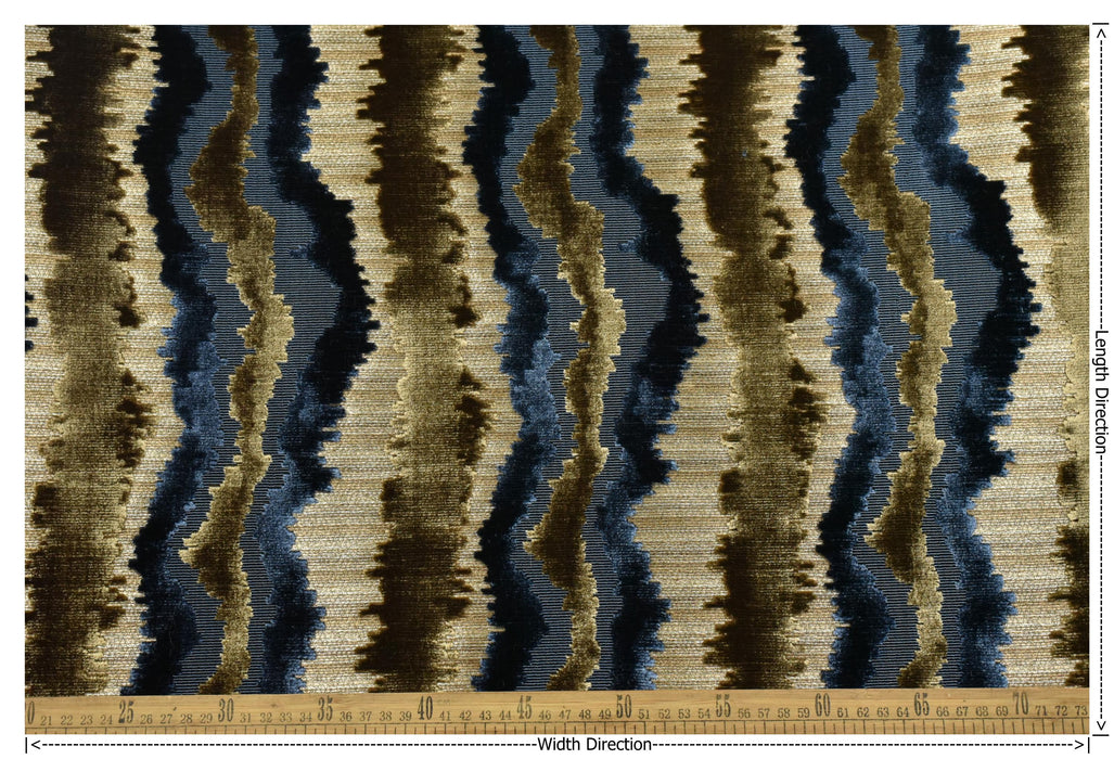 Heavy Weight Blue Gold Cut Velvet Uphosletry Fabric|Abstract Wavy Stripe Upholstery|Luxury Interior Design Fabric For Chair Sofa Pillow